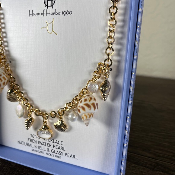 House of Harlow 1960 Shell & Freshwater Pearl Charm Necklace Gold Tone 16+3in - Picture 2 of 6